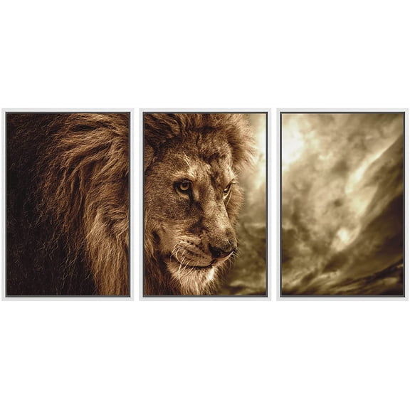 wall26 Framed Canvas Print Wall Art Set Grunge Effect Portrait of Jungle Lion Animals Nature Realism Rustic Scenic Colorful Country Ultra for Living Room, Bedroom, Office - 16"x24"x3 WHITE