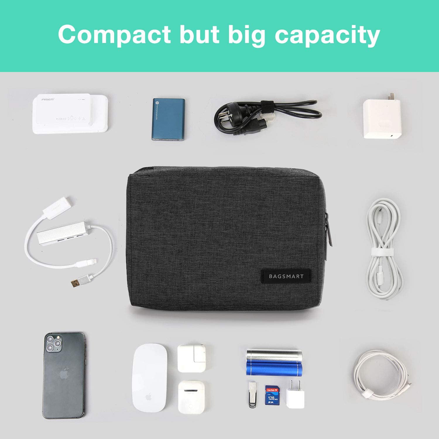 BAGSMART Small Travel Electronics Cable Organiser Bag for Hard Drives SD Card Black USB Cable Cables