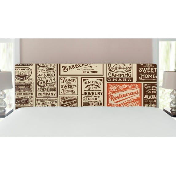 Antique Headboard, Composition of Old Advertisement Designs Newspaper Nostalgia Illustration, Upholstered Decorative Metal Bed Headboard with Memory Foam, King Size, Cream Brown Orange, by Ambesonne