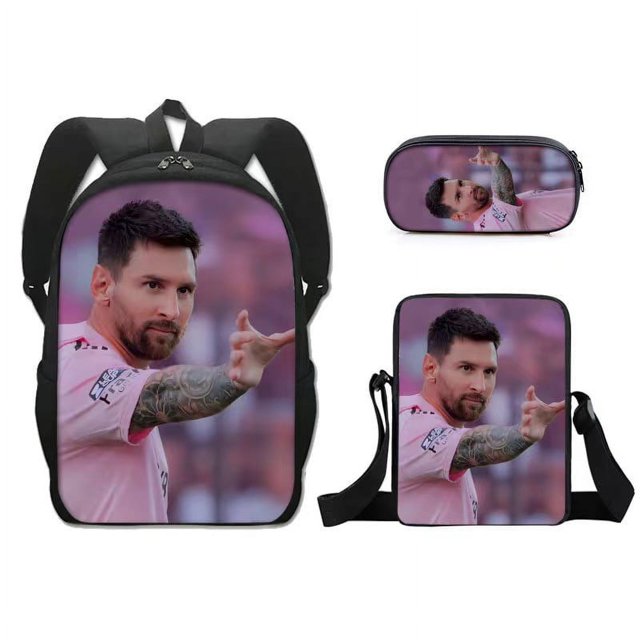 Soccer Star Messi Backpack Three-piece Teenager Schoolbag Student Cartoon Backpack-tueuio1