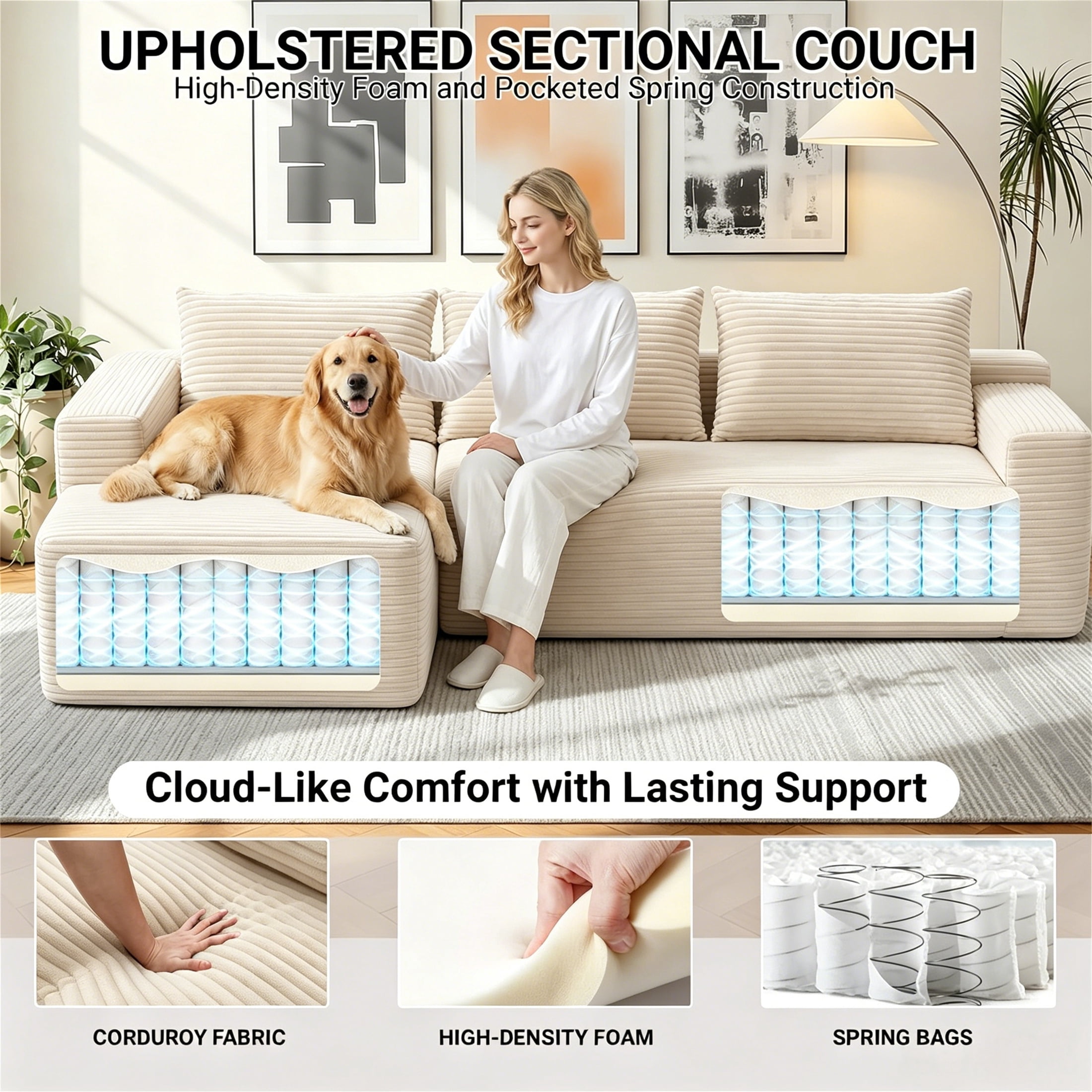 Aukfa 96" Cloud Sectional Sofa Deep Seat Boneless Couch Modular L-Shaped Couch, Right Chaise Corduroy Sofa for Living Room, Camel