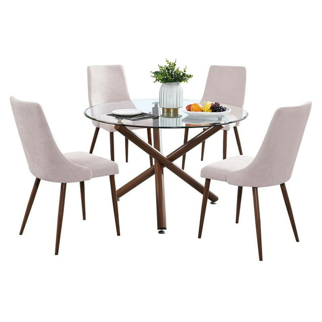 5pc Circular Clear Glass Dining Table Set with Beige Fabric Chairs