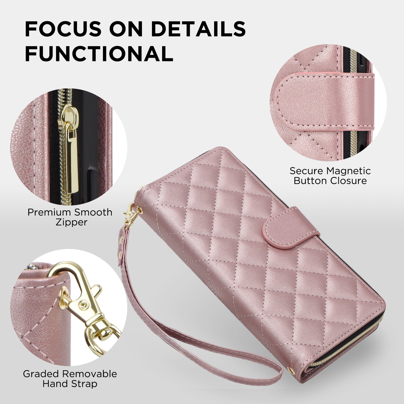for iPhone 13 Pro Wallet Case, Multi-Functional Zipper Purse Case, with Flip Stand Card Holder PU Leather Phone Cover with Lanyard & Wrist Strap for iPhone 13 Pro, Rosegold
