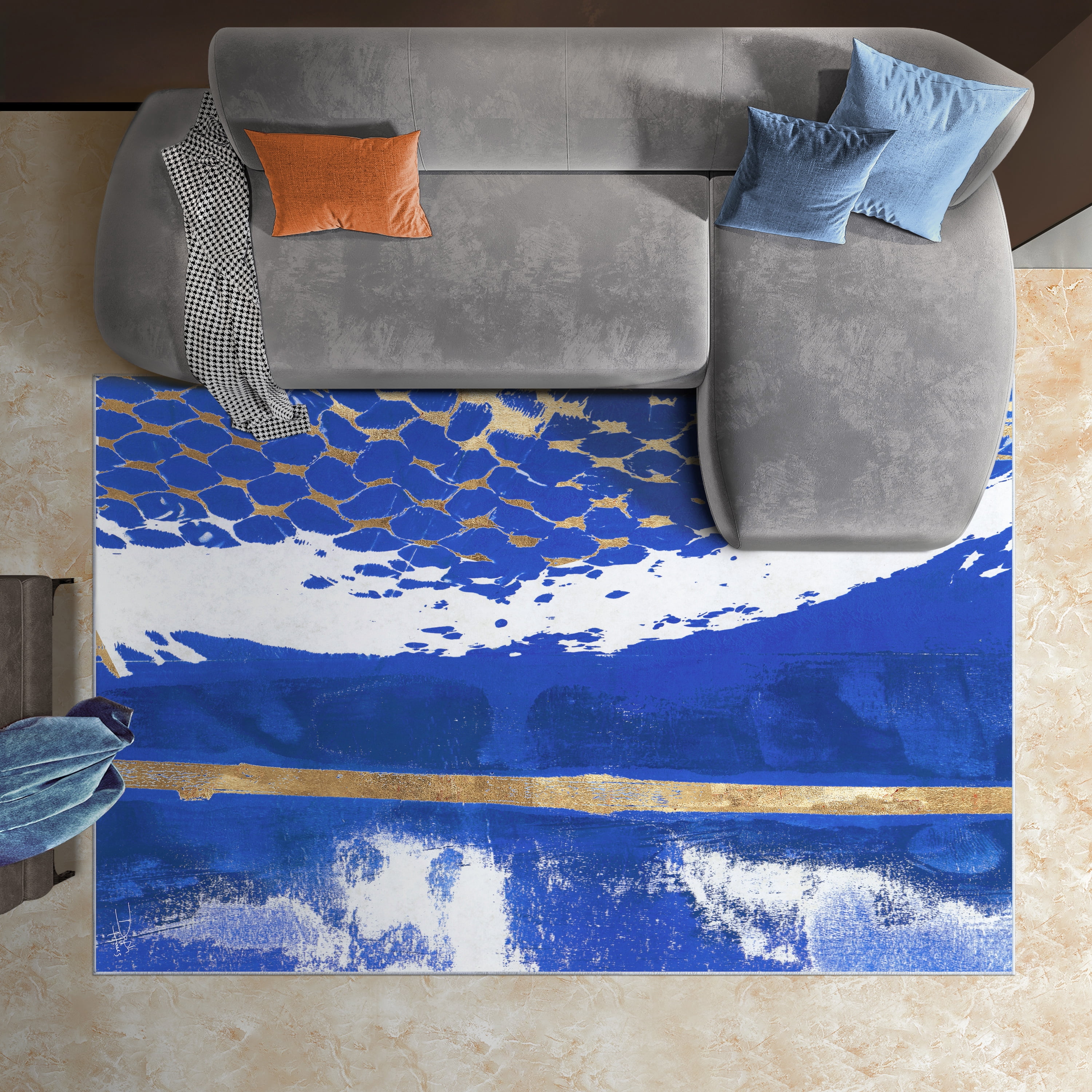 Fisherman’s Wharf I Washable Blue Art Area Rug size 5'x8'