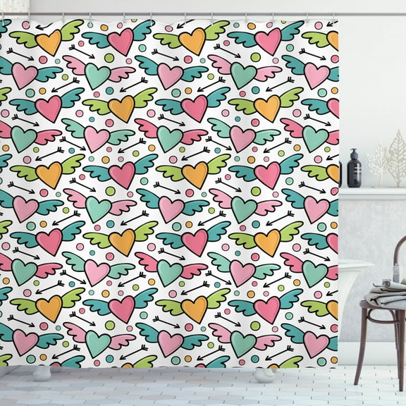 Ambesonne Cartoon Shower Curtain, Hearts with Wings and Dots, 69"Wx75"L, Multicolor
