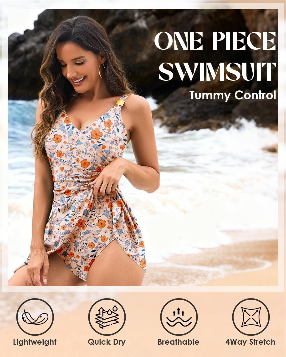 Zando Full Coverage One Piece Swimsuit for Women 2026 Tummy Control Bathing Suit with Metal Tie Knot Swim Dress Orange Floral L