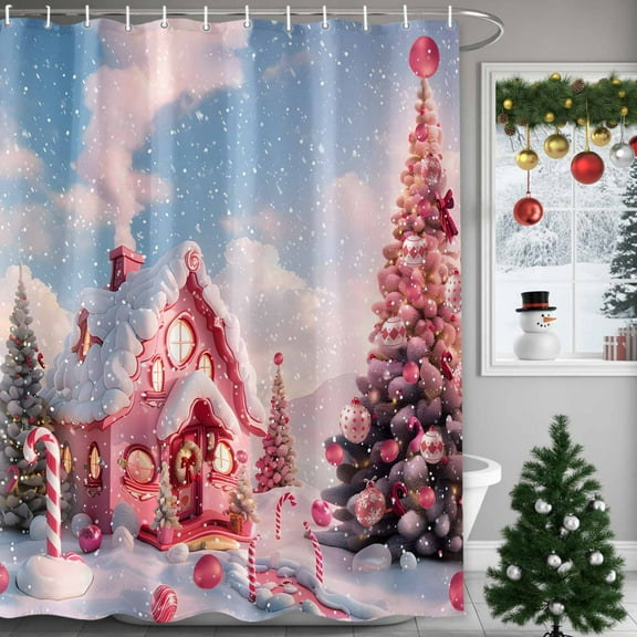 Christmas Shower Curtains for Bathroom, Pink House Candy Cane Snow Christmas Tree Bells Waterproof Fabric Shower Curtain for Bathroom Bathtub Decoration, Machine Washable, 60"x72"