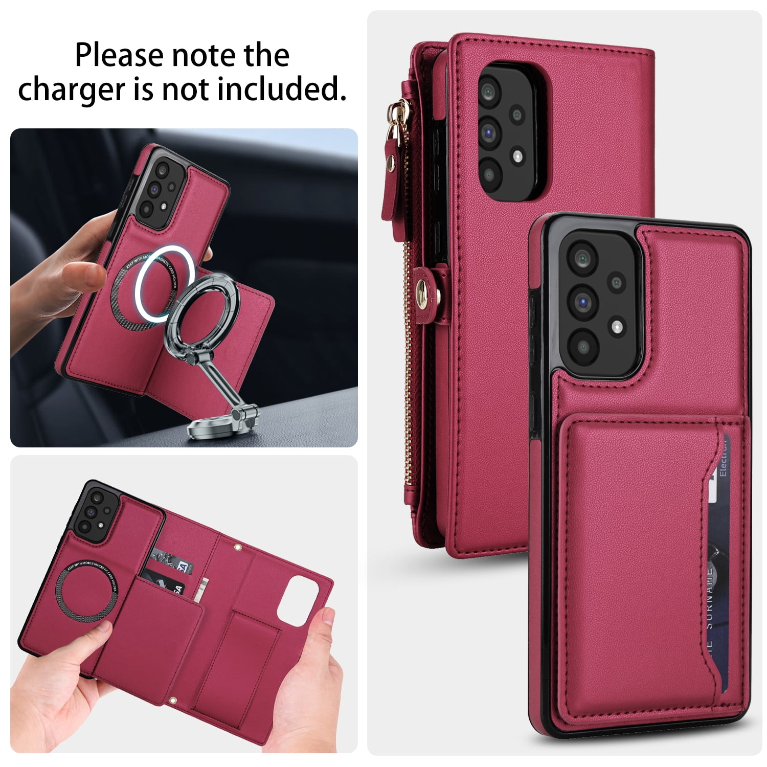 For Samsung Galaxy A54 5G Crossbody Wallet Phone Case,Magnetic Detachable Flip,With Shoulder Strap&Wrist Strap,Zipper Pocket,Card&Cash Slots,PU Leather Shockproof Rugged Phone Case,Red