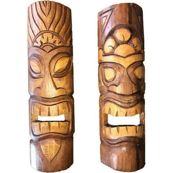 J.D. Yeatts Carved Wood Sun and Flower Hawaiian Tiki Masks 20 inch (Set of 2)