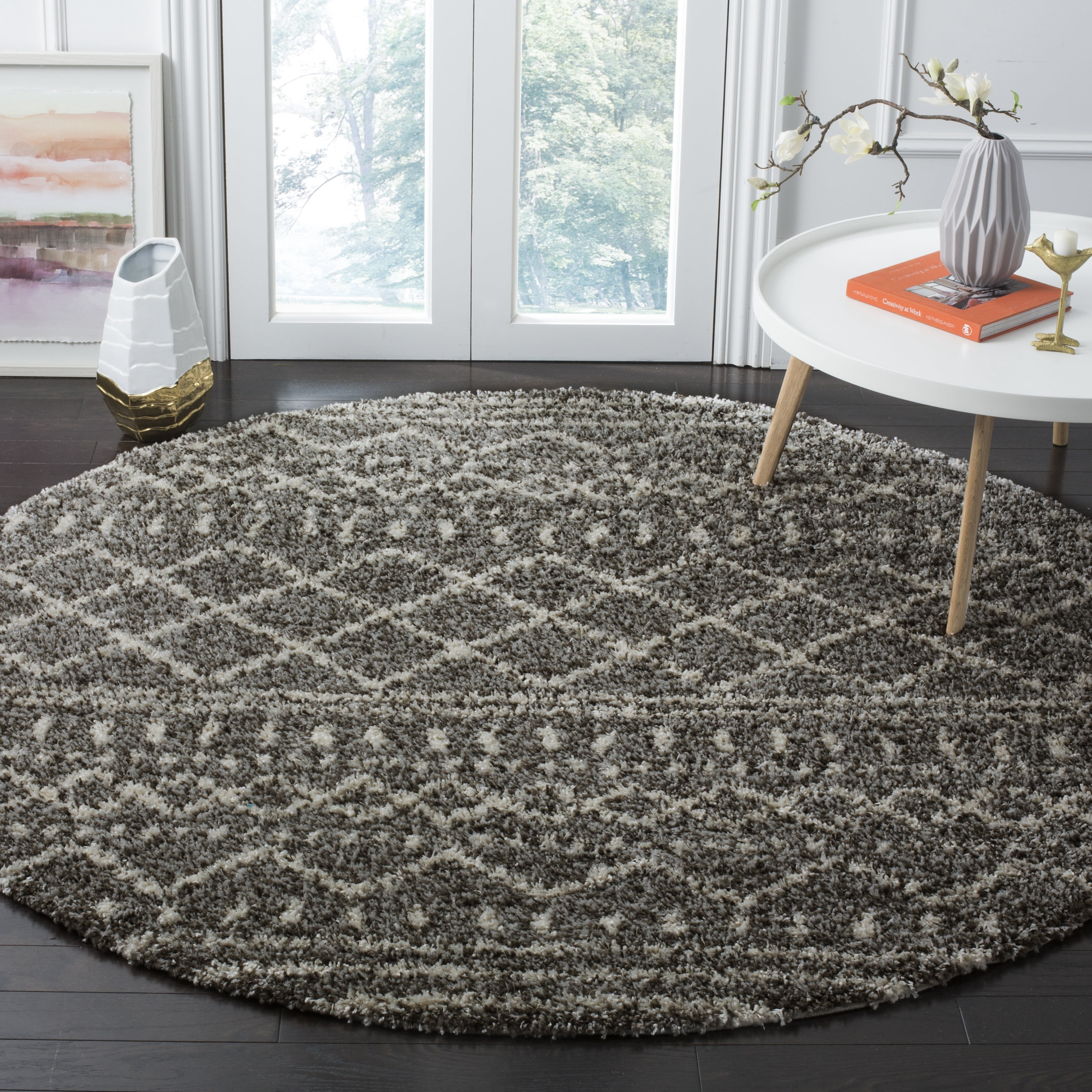 SAFAVIEH Arizona Teagan Geometric Shag Area Rug, Brown/Ivory, 5'1" x 5'1" Round