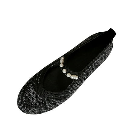 OJSFQUFP Women s Flats Women s Fashion Net Cloth Pearl Decorative Flat Casual Shoes Round Head Non Slip Casual Shoes Flat Shoes Black 38