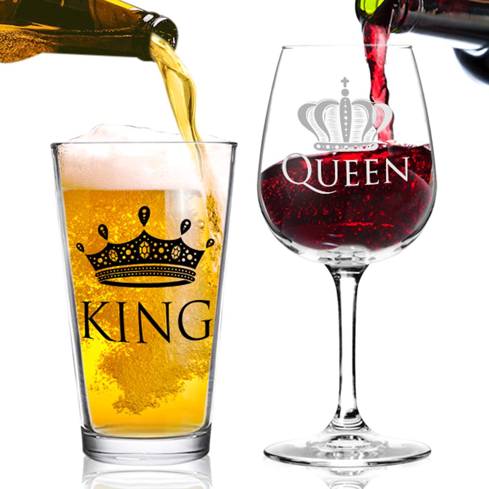 King and Queen Beer and Wine Glass Gift Set of 2 Fun Novelty His and