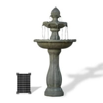 44" H Brown Fiberglass/Resin 2-Tier Solar Water Fountain w/ Solar Panel and Auto-Shut Off Pump, Solar Garden Fountain