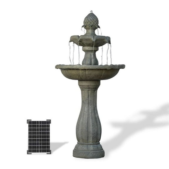 44" H Brown Fiberglass/Resin 2-Tier Solar Water Fountain w/ Solar Panel and Auto-Shut Off Pump, Solar Garden Fountain