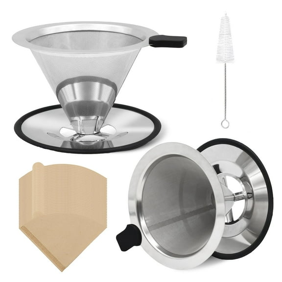2 Pcs Stainless Steel Pour Over Coffee Dripper Double Layer Mesh Filter Cup Stand Home Office Use, Stainless Filter Cup, Stainless Coffee Dripper  with Filter Paper and Cleaning Brush (3.9*3.34)