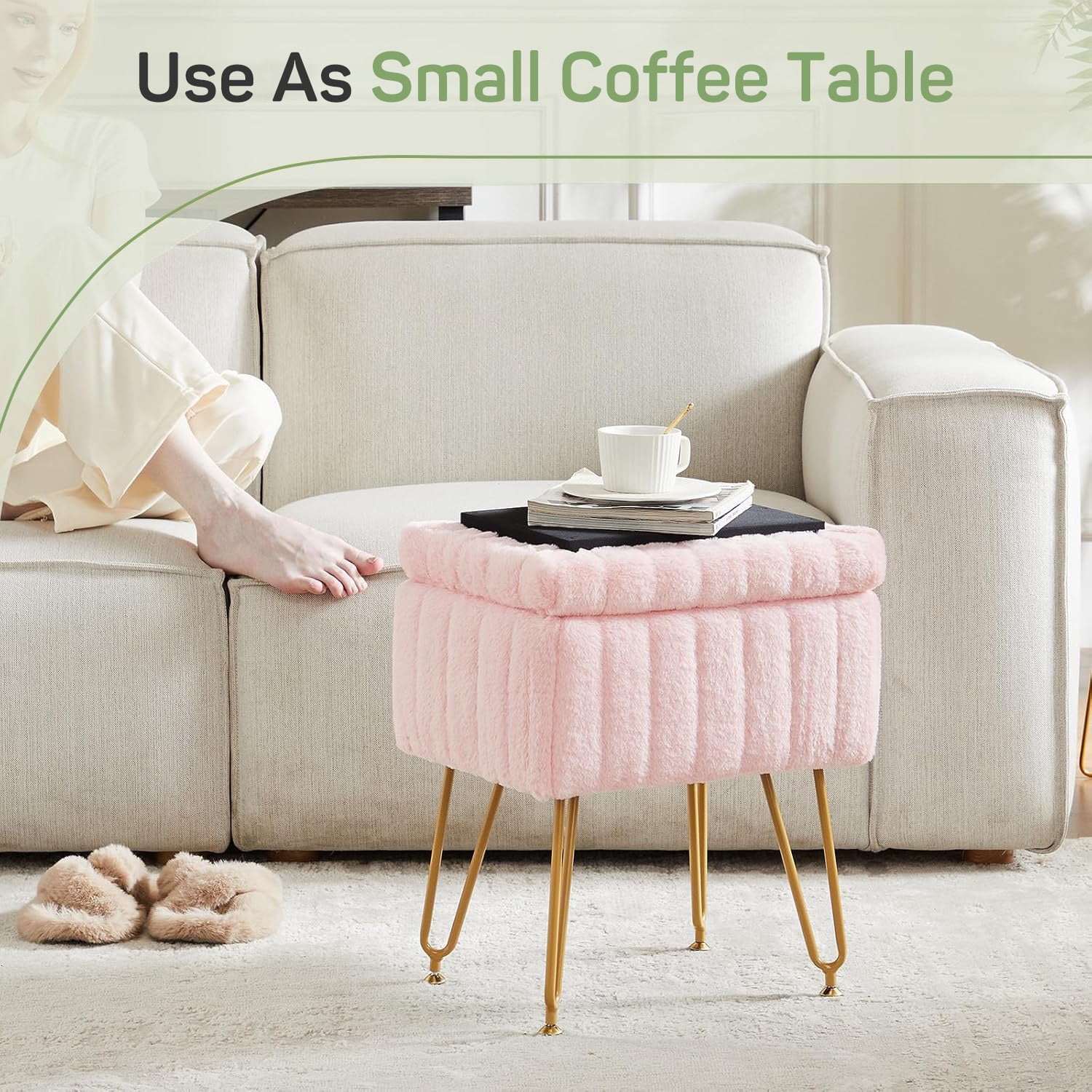 Parcus Faux Fur Vanity Stool with Storage, 16"L x 12.2"W x 18.9"H, Makeup Ottoman Chair with Padded Seat, 4 Metal Legs & Adjustable Anti-Slip Feet