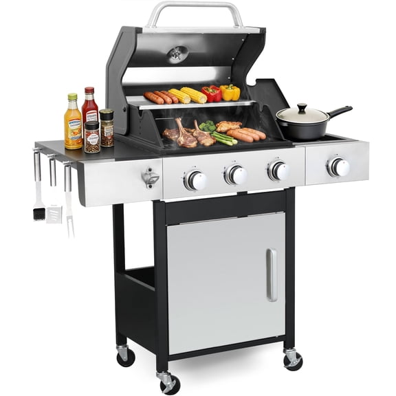 3 Burner Propane Gas Grill with Side Burner & Double-Layer Stainless Steel Lid, Outdoor BBQ Grill for Patio Garden Barbecue