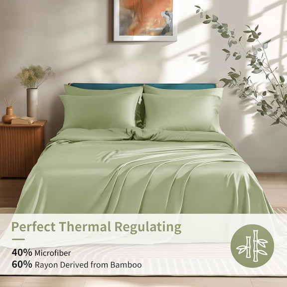 6 Piece King Sheet Sets, Cooling Sheets, Blend Rayon Derived from Bamboo, Deep Pocket Up to 16", Breathable & Soft Bed Sheets, Hotel Silky Bedding Set, Sage Green