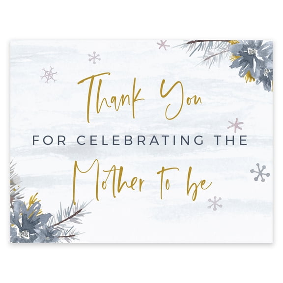 Koyal Wholesale Unframed Winter Watercolor Snowflakes and Gray Florals Sign, Thank You For Celebrating the Mother To Be
