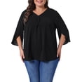 thumbnail image 1 of Blusa de gasa de mujer plus size Agnes Orinda, con cuello en V, manga 3/4, estilo casual de verano, talla 2X, completamente negra, 1 of 6