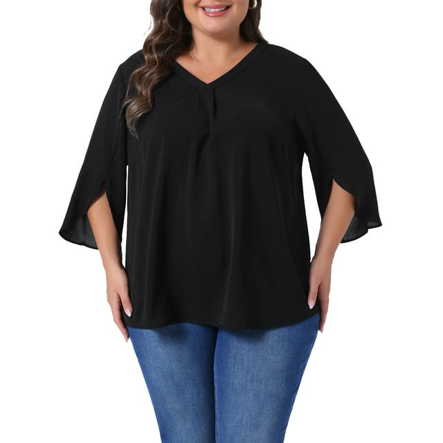 Blusa de gasa de mujer plus size Agnes Orinda, con cuello en V, manga 3/4, estilo casual de verano, talla 2X, completamente negra
