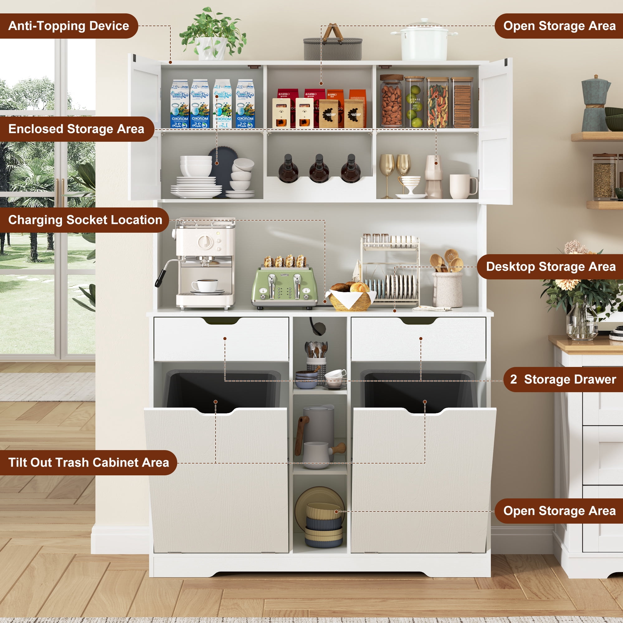 Blotout 71" Tall 46"Wide Kitchen Pantry Cabinet with Charging Station & Microwave Shelf, Farmhouse Kitchen Double Tilt Out Trash Cabinet 10X2 Gallon Garbage Holder with 2 Drawers Storage