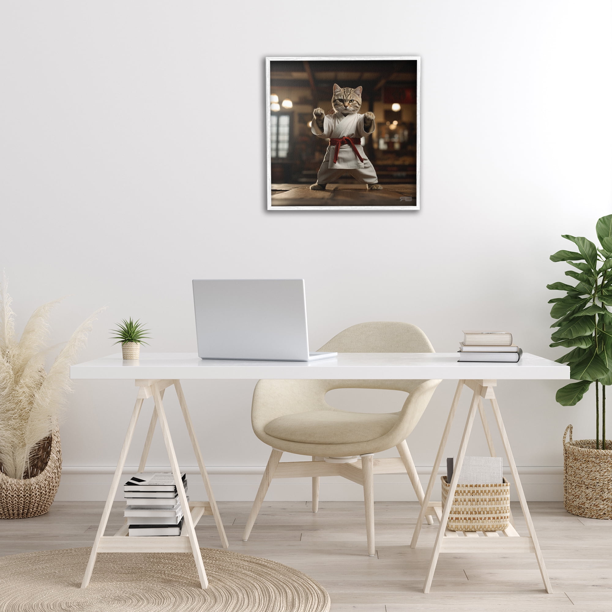 Stupell Industries Martial Arts Cat Novelty Painting White Framed Art Print Wall Art, 24 x 24