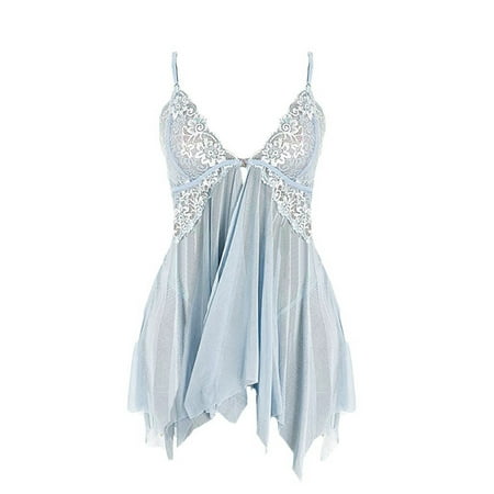 Pavied Nightgowns for Women Babydoll Dress Womens Pajamas Lingerie For Women Front Closure Babydoll Lace V Neck Mesh Sleepwear Lingerie Mini Dress Womens Sleepwear Sky Blue L