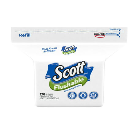 Scott Flushable Wipes, Refill Bag, Unscented, 170 Wet Wipes