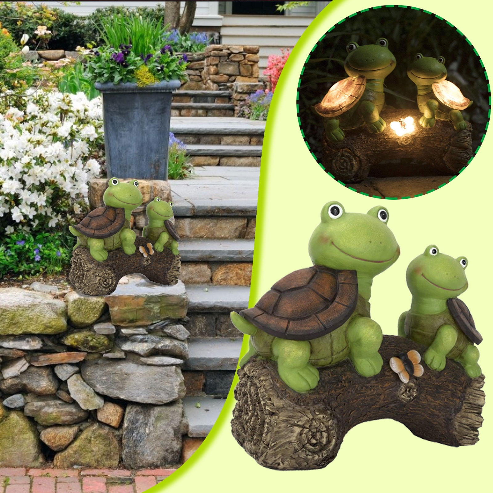 Garden Turtle Figurines Outdoor Decorations, Solar Powered Sweet Frog Face Turtles Resin Statue with Led Lights, Garden Art Spring Fall Winter Christmas Decor for Patio Lawn Yard