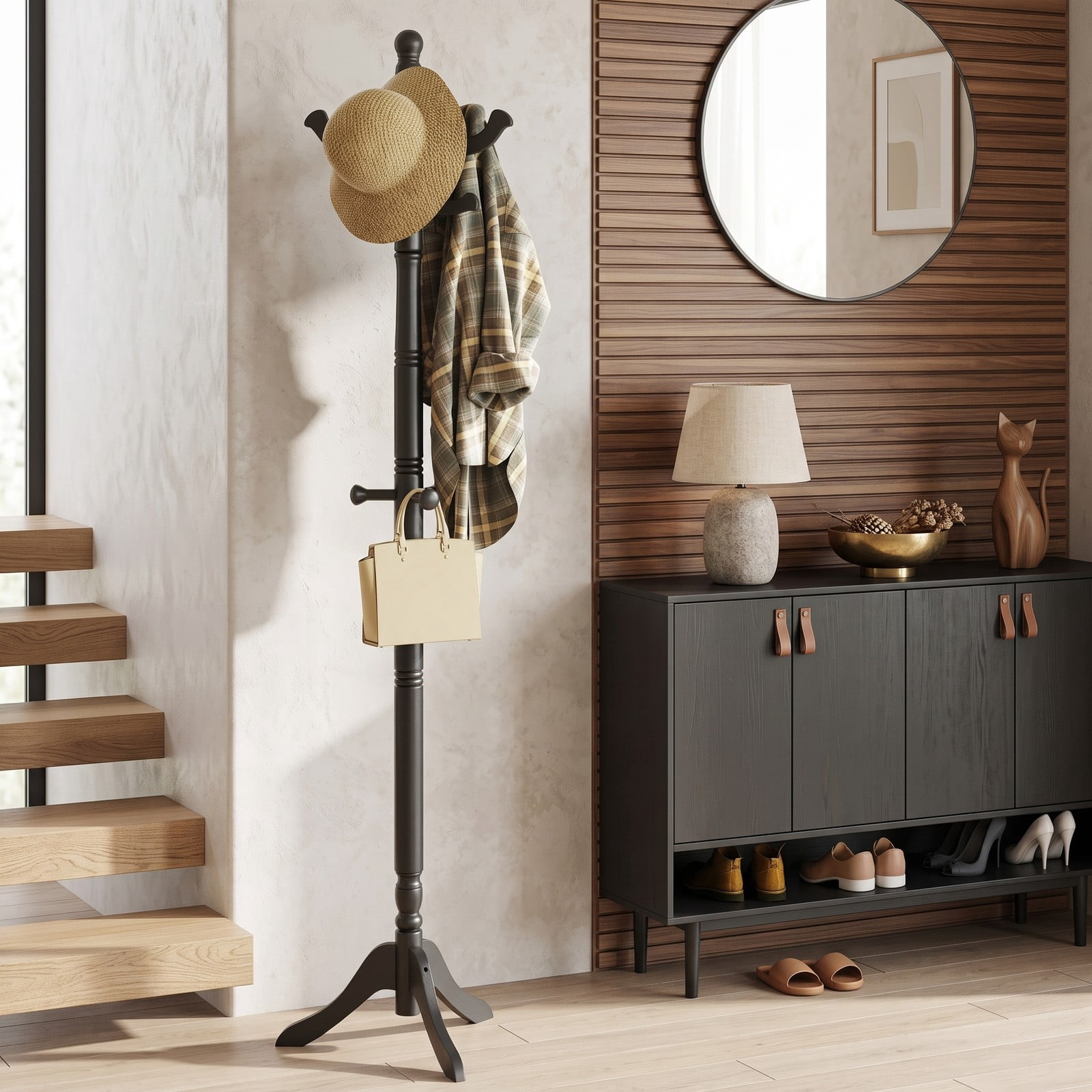 Furnibear Solid Wood Hall Tree Freestanding Coat Rack with 11 Hooks and 3 Height Options for Entryway Hallway Bedroom and Office, Black