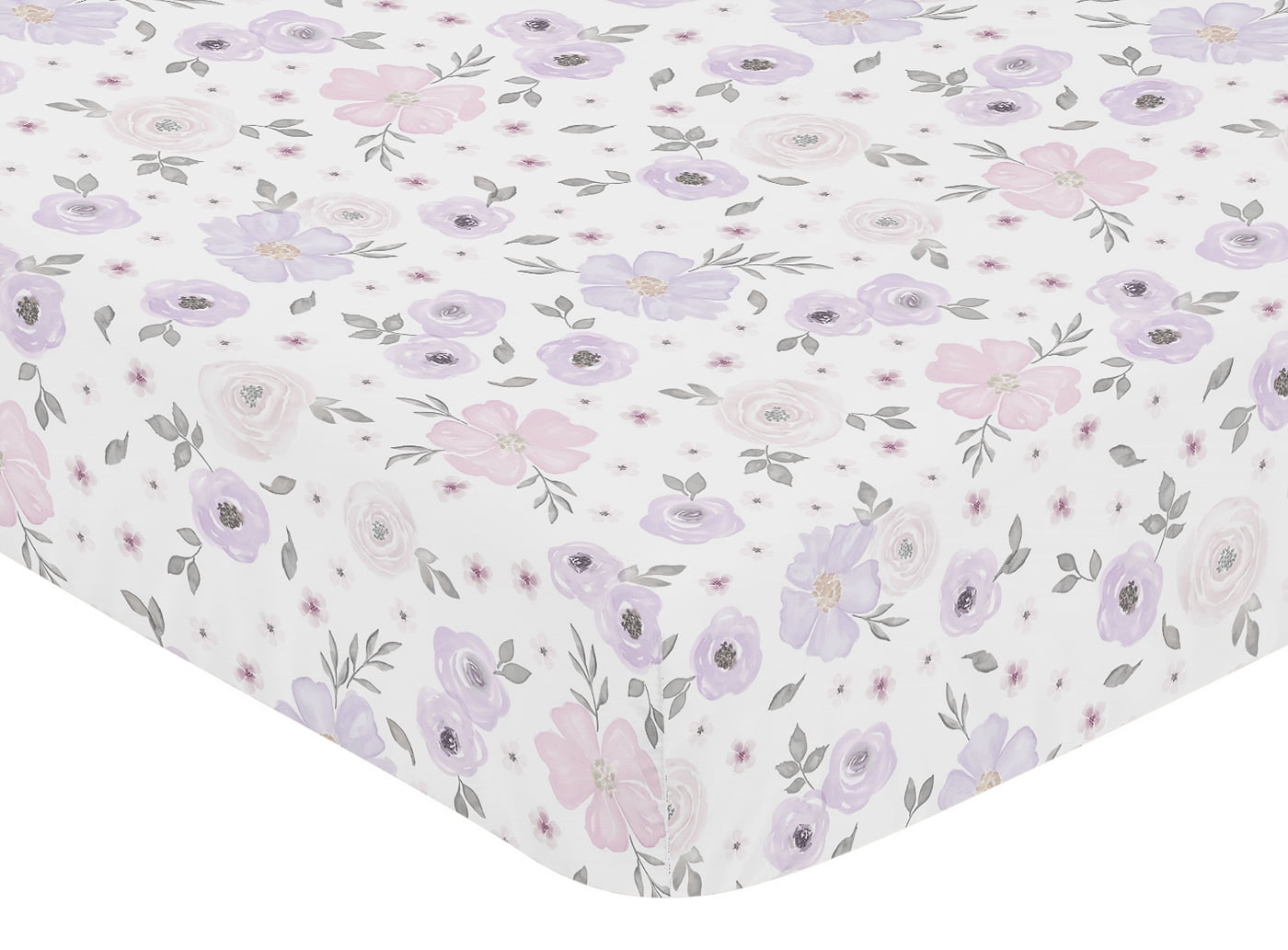 Sweet Jojo Designs Watercolor Floral Lavender Purple Pink and Grey Jersey Knit Fitted Crib Sheet