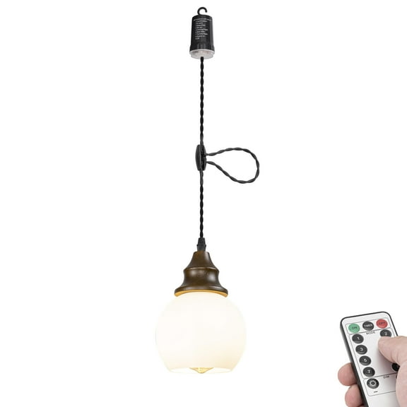 KAYYELAMP Walnut Base White Glass Ball Shade Hook Hanging Battery Lamp Neutral Lighting 3.2Ft Adjusted Cord Remote Dimmable Vintage Light for Small Space Store Home