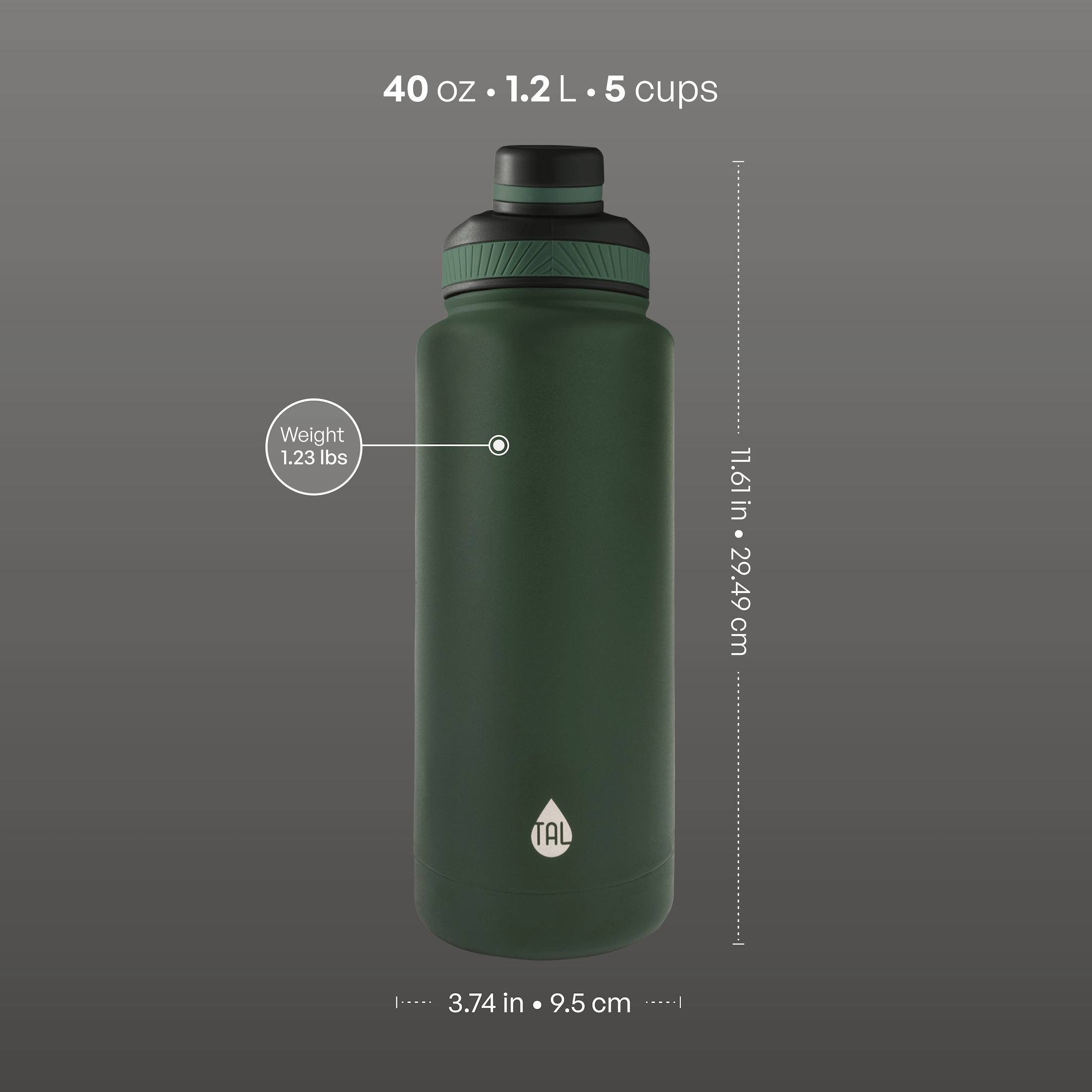 TAL 40 oz Insulated Stainless Steel Water Bottle, Green photo 4