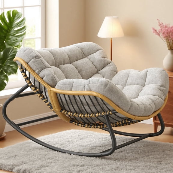 Indoor/Outdoor Rocking Chair, Papasan Style Wicker Lounge Chair, Rattan Rocker Egg Chair for Patio, Porch, Garden, Lawn, Living Room or Bedroom