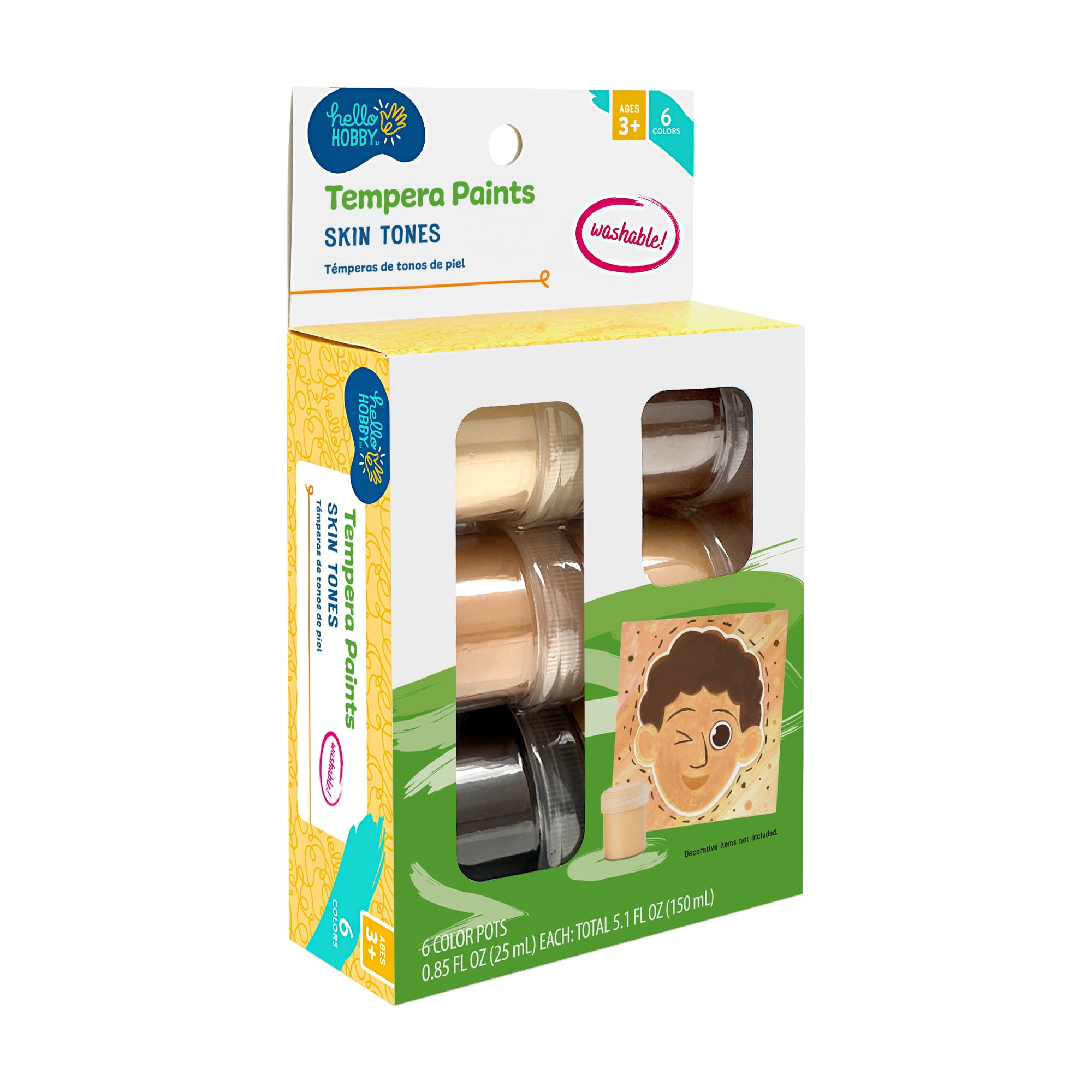 (3 pack) Hello Hobby Washable Tempera Paint Set, Safe & Nontoxic, Skin Tone, 6 Colors