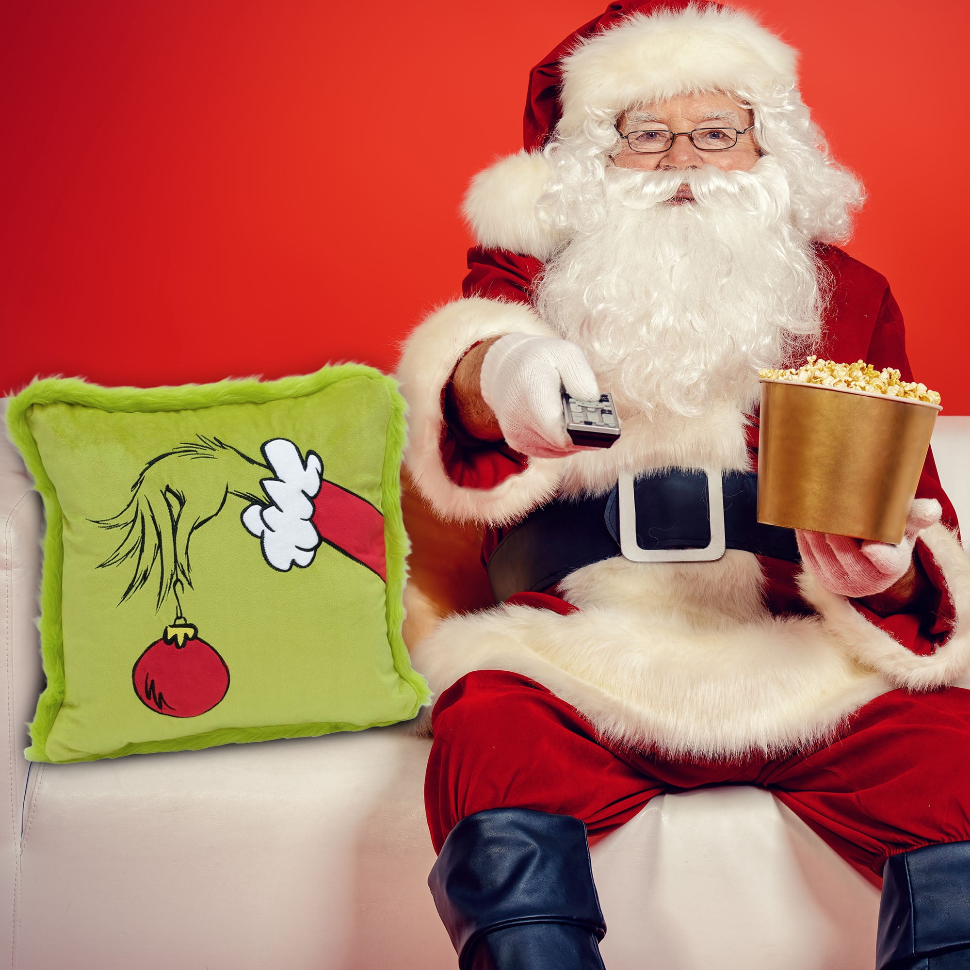 Dr. Seuss The Grinch Holiday Decorative Throw Pillow with Green Faux-Fur Trim and Ornament Design