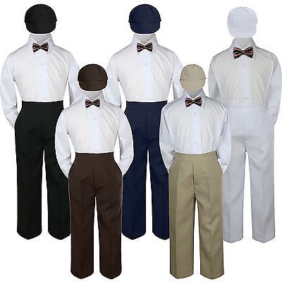 

4pc Boy Suit Set Brown Chocolate Bow Tie Baby Toddler Kid Formal Hat Pants S-7