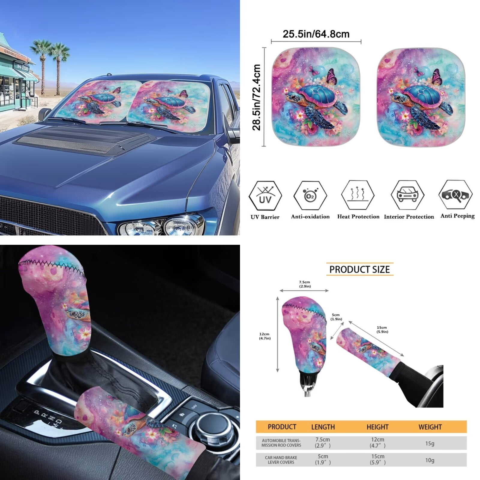 Garronmavis Aesthetic Turtle Car Seat Cover Full Set 16 Pieces Car Seat Belt Covers Keychain Gear Shifting Knob Cup Mats Auto Rear View Mirror Cover
