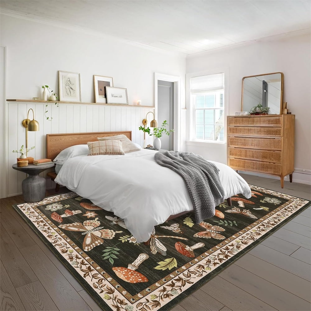 Washable Runner Rug Modern Insect Floral Print Area Rug Mushroom Carpet for Kitchen Stain Resistant Carpet with Non-Slip Backing Low Pile Floor Cover for Hallway Laundry Bedroom