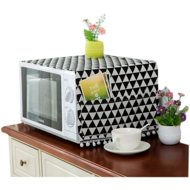 Microwave Oven Cover Dustproof Cotton Machine Protector Decorative Kitchen Appliance Cover with Side Storage Pockets(Black Triangle)