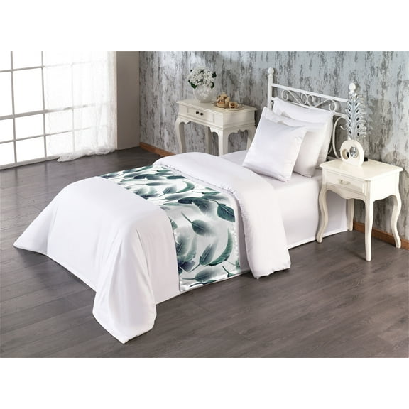 Leafy Design Bed Runner, Tropical Fantasy Vibes Falling Leaves Greenery with Hawaii Chill Aura Art, Decorative Accent Bedding Scarf for Hotels Homes & Guest Rooms, Twin, Dark Teal Ivory, by Ambesonne