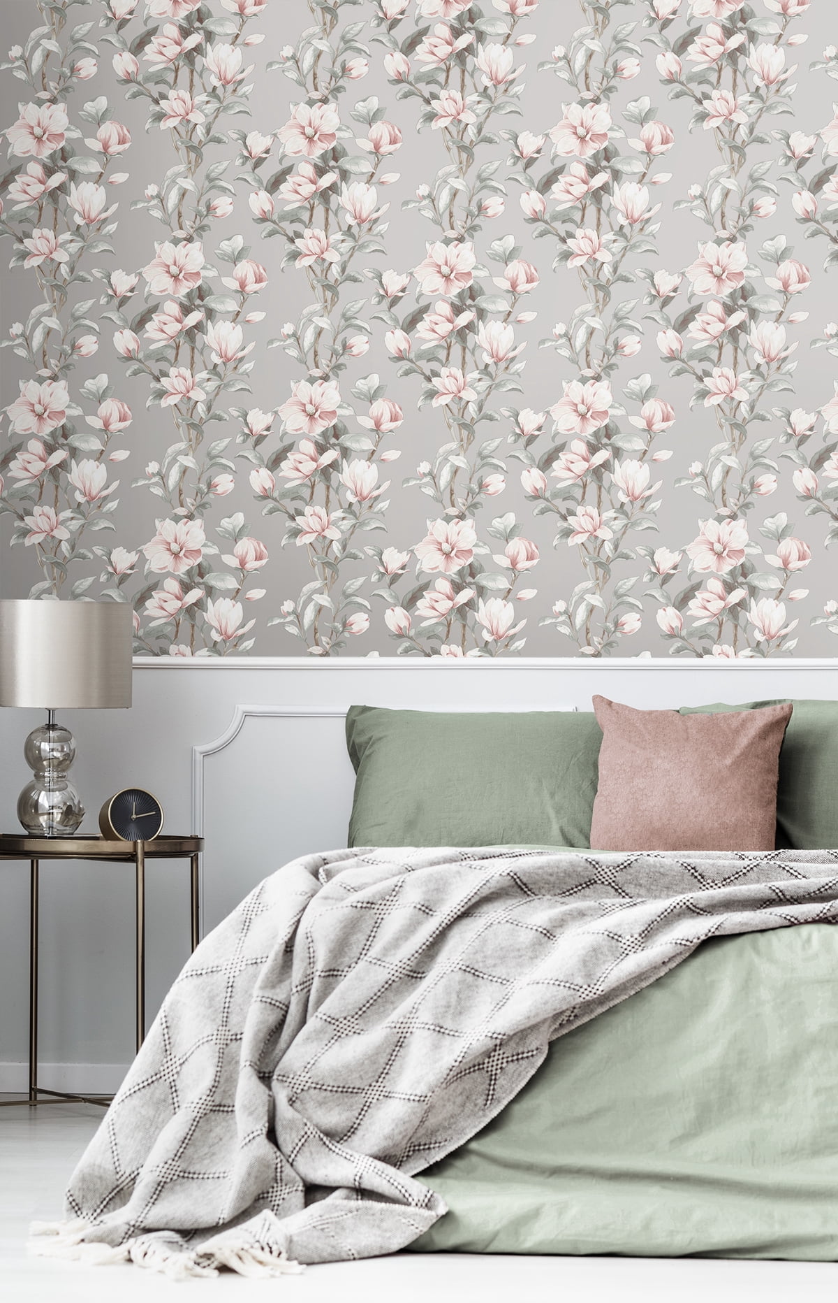 NextWall Metallic Silver & Petal Pink Magnolia Trail Peel and Stick Wallpaper