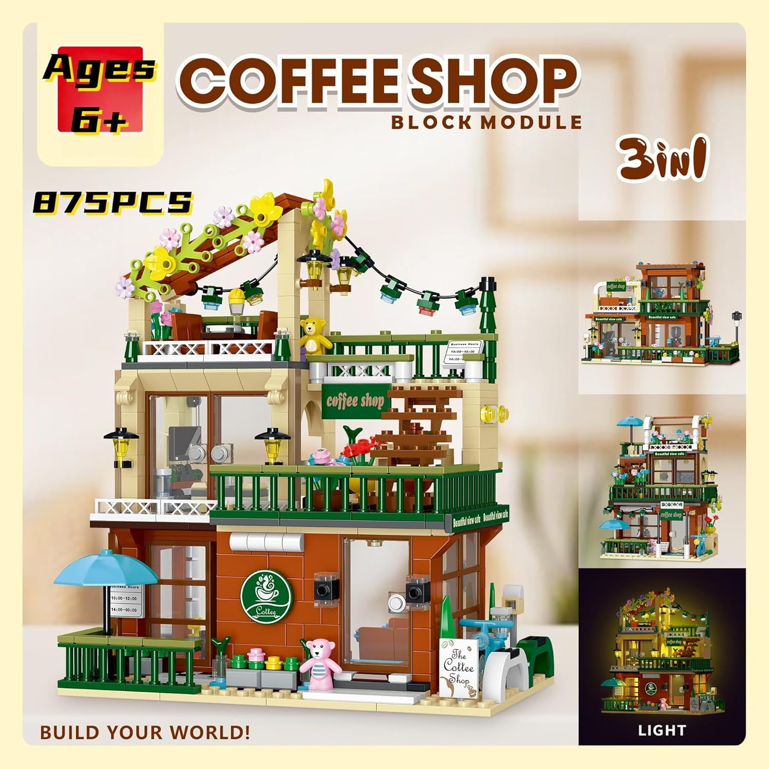 Remocguys 3 In 1 Coffee Shop Building Set with LED Compatible with Lego House Street View 875 Pcs