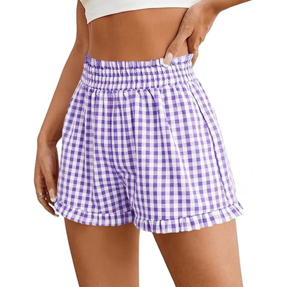 Dresfit Boxer Shorts Womens Ruffle Hem Plaid Shorts Summer 2026 Drawstring Straight Y2k Loungewear Striped Short Pants with Pockets Purple 2XL