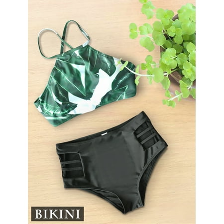 Women 2 Piece Floral Printing Top Bikini Set,IClover Fashion Falbala High-Waisted Bikini Set Swimsuit Cute Padding Bathing Suit for Teens (Best Swimsuit For Fat Stomach)