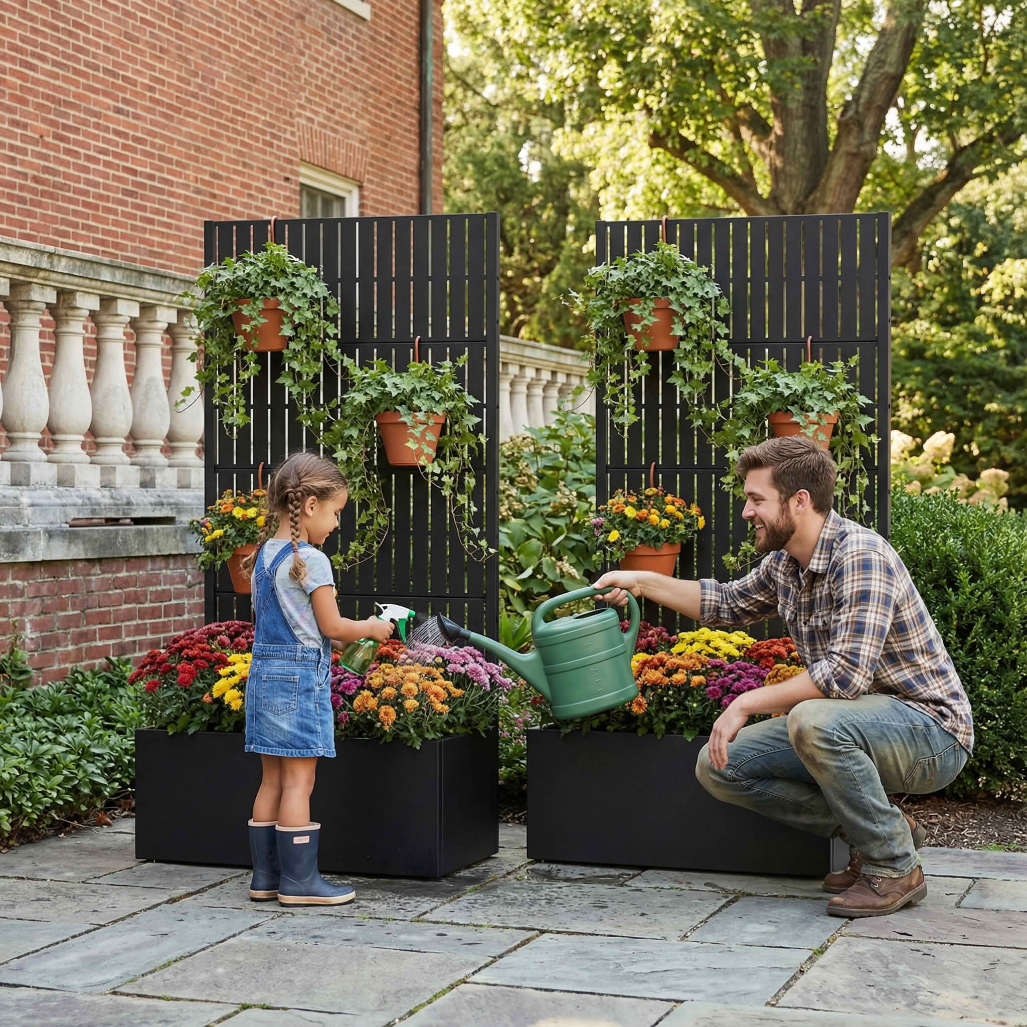 MAYEERTY 59X30" Metal Outdoor Black Privacy Screen with Planter Box for Backyard & Garden, 4 Piece Set, Double‑sided Installation