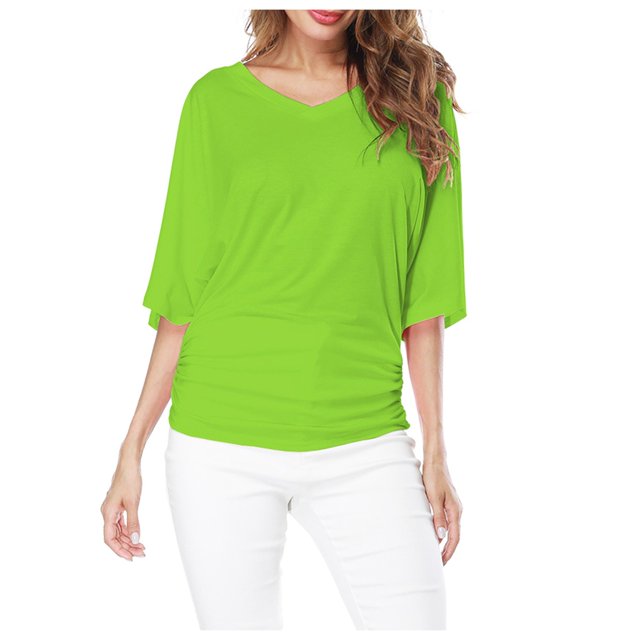 Plus Size Women's V Neck T Shirt: Batwing Sleeve, Loose Fit, Solid Color, Comfortable