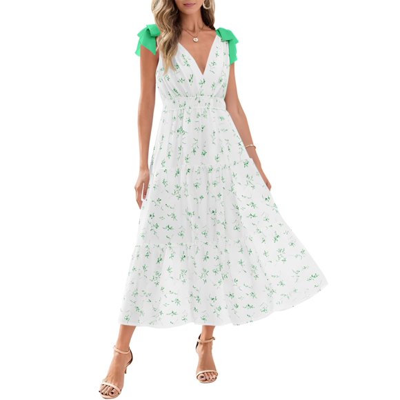 Vestido largo Wenrine de verano con estampado floral y cuello en V, sin mangas, verde