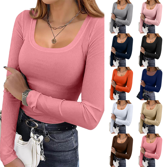 Knitted Tops for Women Long Sleeve Shirts with Slim Fitted Crop Tops Casual Crewneck Basic Tees Fall Fashion Y2K Clothes Pink S